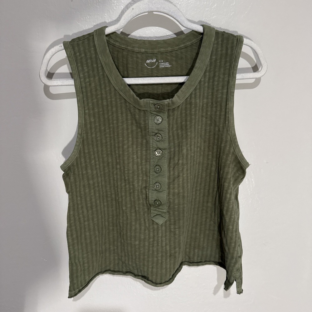 Aerie Women’s Ribbed Knit Henley Button Sleeveless Tank Top Green M